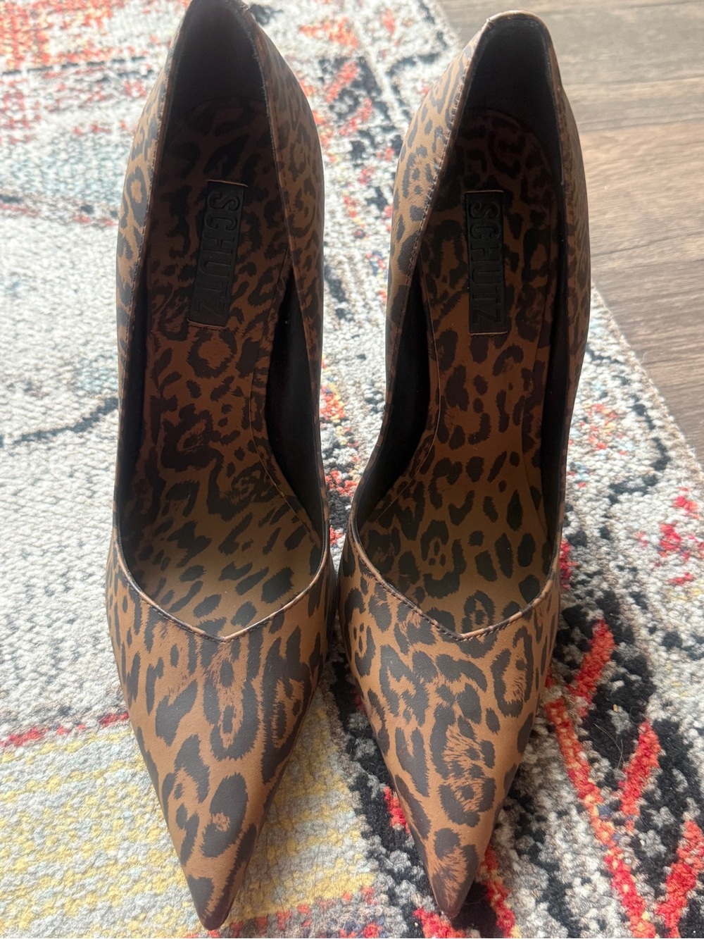 SCHUTZ Leopard Print Tan and Black Pointed Toe Pumps - Picture 5 of 5